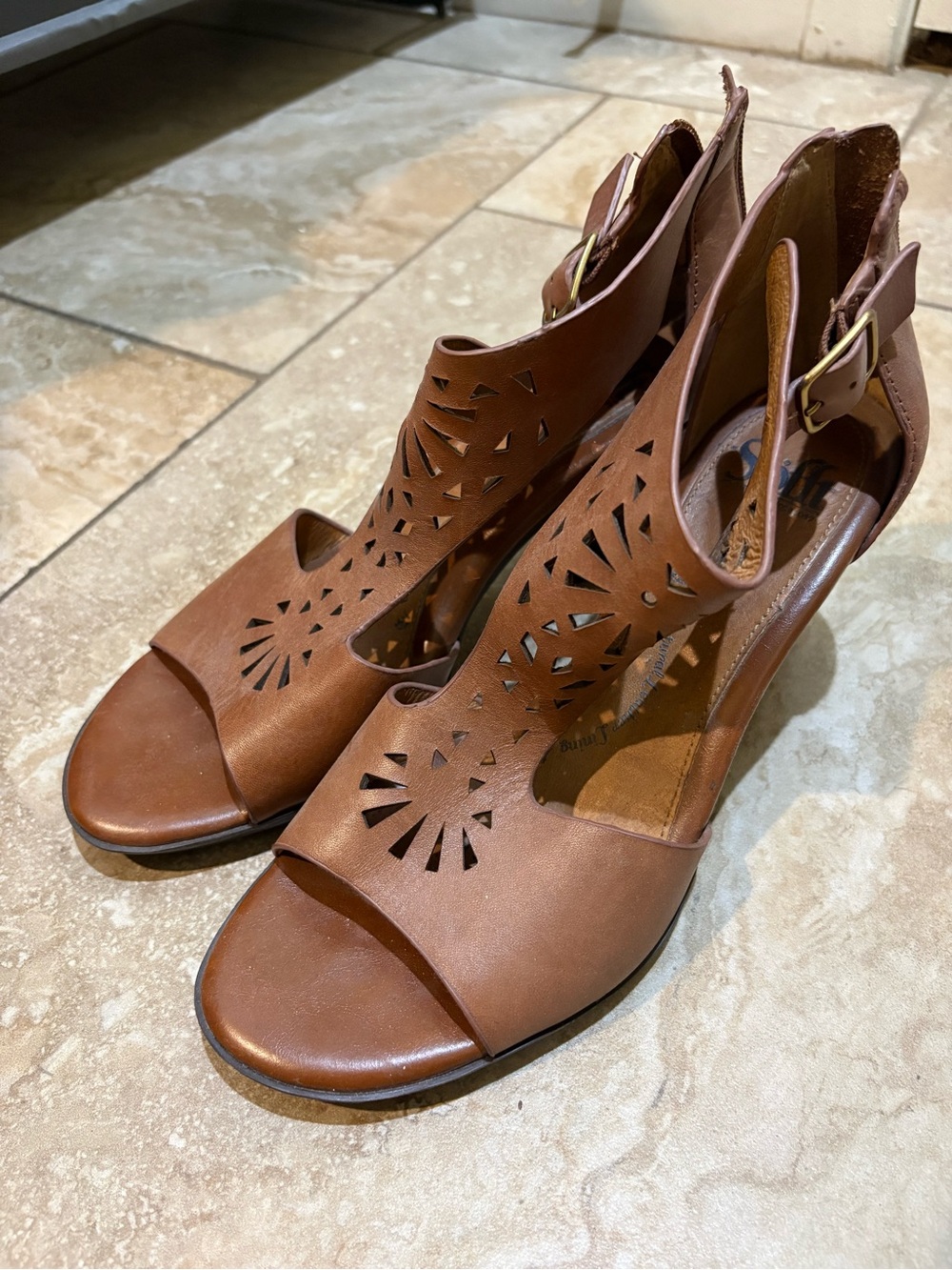 Sofft Brown Laser-Cut Peep-Toe Ankle Strap Heels